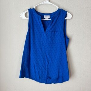 Liz Claiborne Womens Blue Eyelet Sleeveless Split Neck Cotton Blouse Top Size M